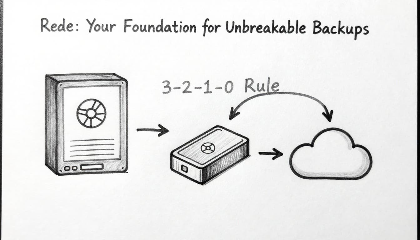 Hand-drawn graphite sketch on white paper showing three data copies: original on computer, one on external hard drive, one in cloud, with arrows indicating offsite and different media using simple icons.