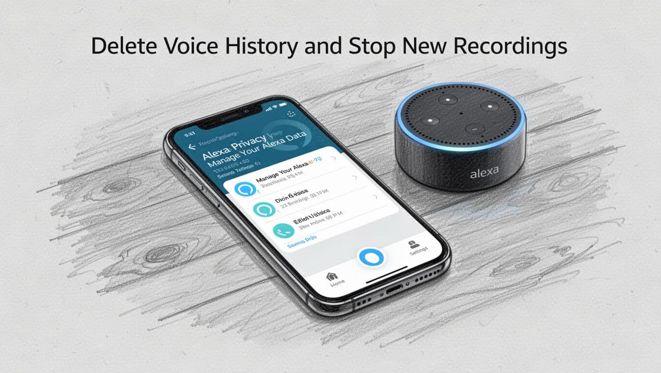 Hand-drawn graphite sketch of a smartphone on a wooden desk displaying the Alexa app open to the Privacy and Manage Your Alexa Data screen at a slight angle, with a small Echo Dot nearby, on a light gray paper background.