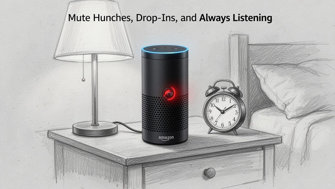 Amazon Echo smart speaker on a nightstand with physical microphone mute button pressed down, indicated by red light, bedside lamp and clock nearby. Hand-drawn graphite sketch style with light shading and thin linework on very light gray paper background, simple centered composition.