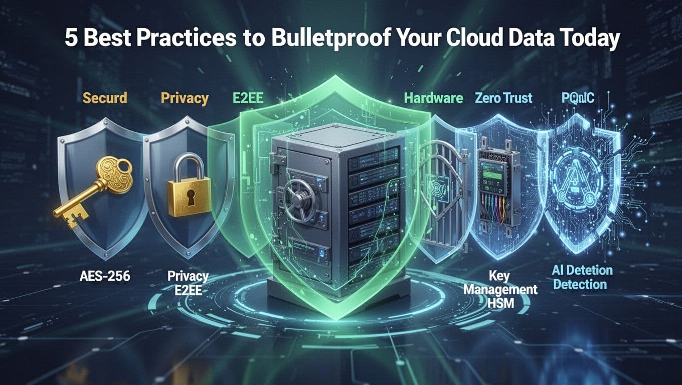 Central secure cloud storage vault protected by five layered shields representing encryption best practices: AES-256 key, E2EE lock, zero-trust gate, HSM module, and PQC AI barrier. Modern digital illustration in blue and green tones with dynamic lighting, landscape composition.