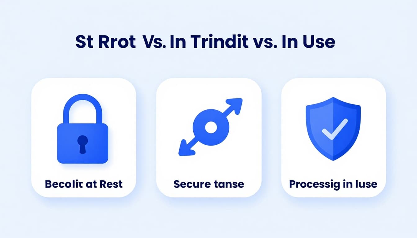 Illustration of three encryption states: data locked with padlock on a cloud server for at rest, data flowing through a secure tunnel for in transit, and shielded memory enclave processing data for in use.