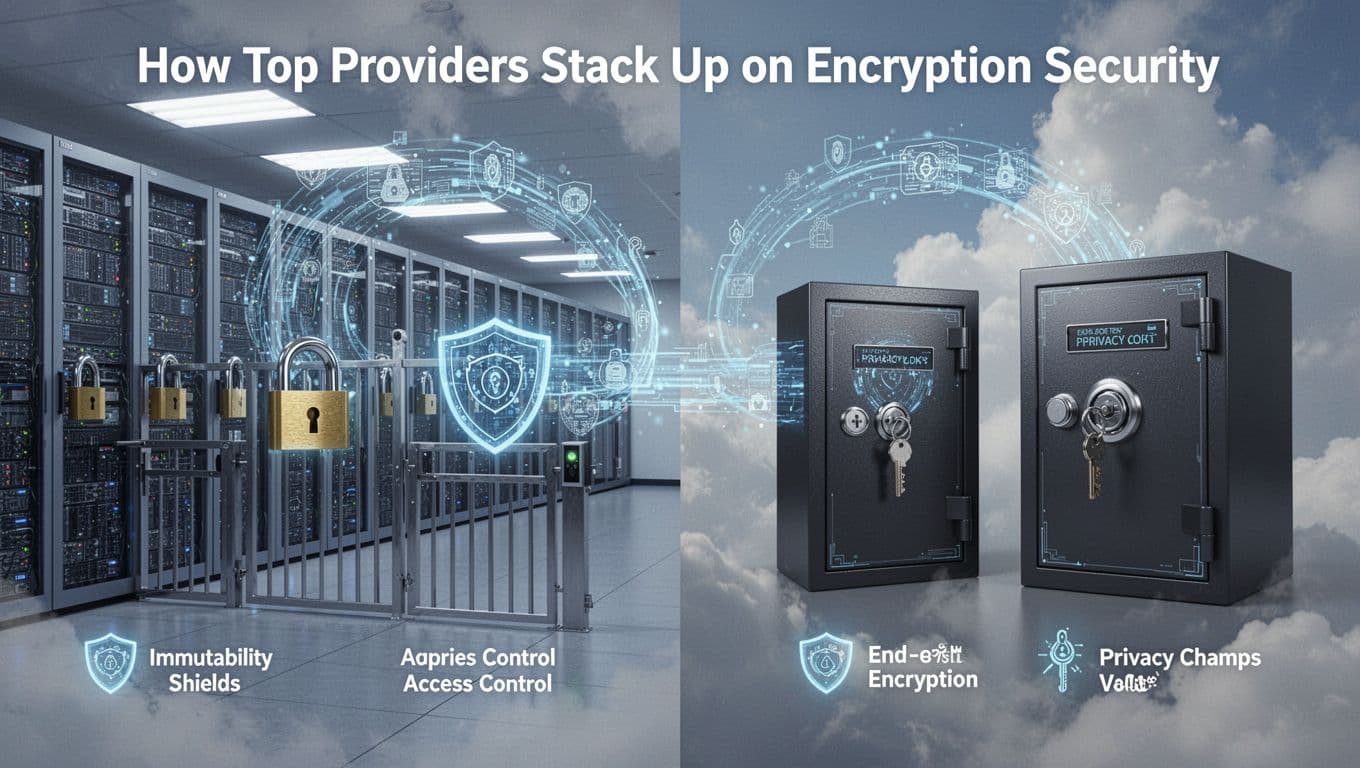 Side-by-side comparison showing large-scale enterprise data centers with server racks protected by padlocks, immutability shields, and access gates, versus compact personal storage vaults with end-to-end encryption and privacy locks, connected by secure data tunnels in a cloudy sky.