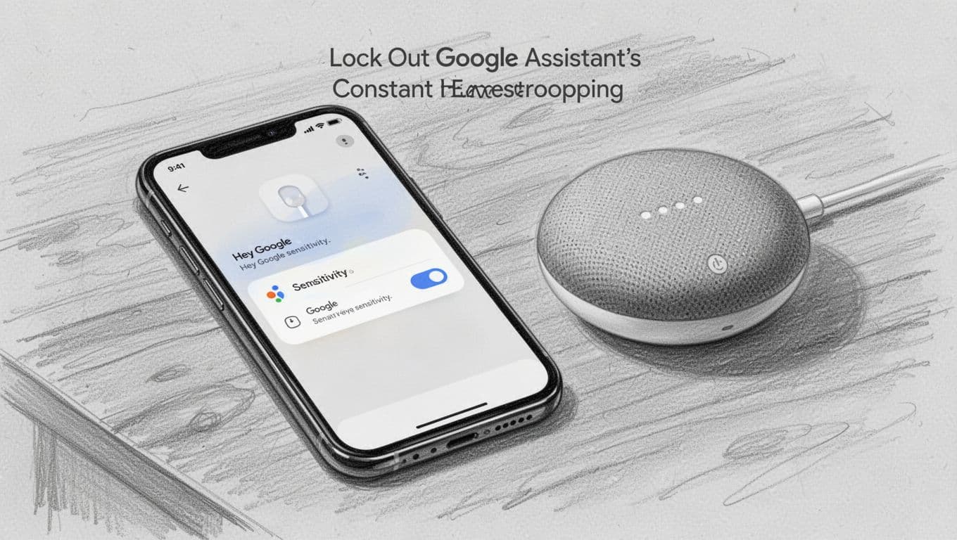 Hand-drawn graphite sketch of a smartphone on a wooden desk displaying the Google Home app open to Hey Google sensitivity settings, with a nearby Google Nest Mini speaker showing the mute button, light shading on very light gray paper.