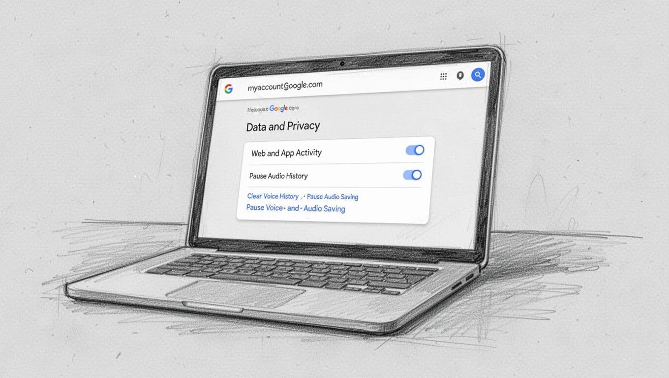 Laptop screen at a slight angle on a desk displaying myaccount.google.com Data and Privacy section with Web and App Activity toggles, rendered in hand-drawn graphite sketch style with light shading and thin linework on very light gray paper background.