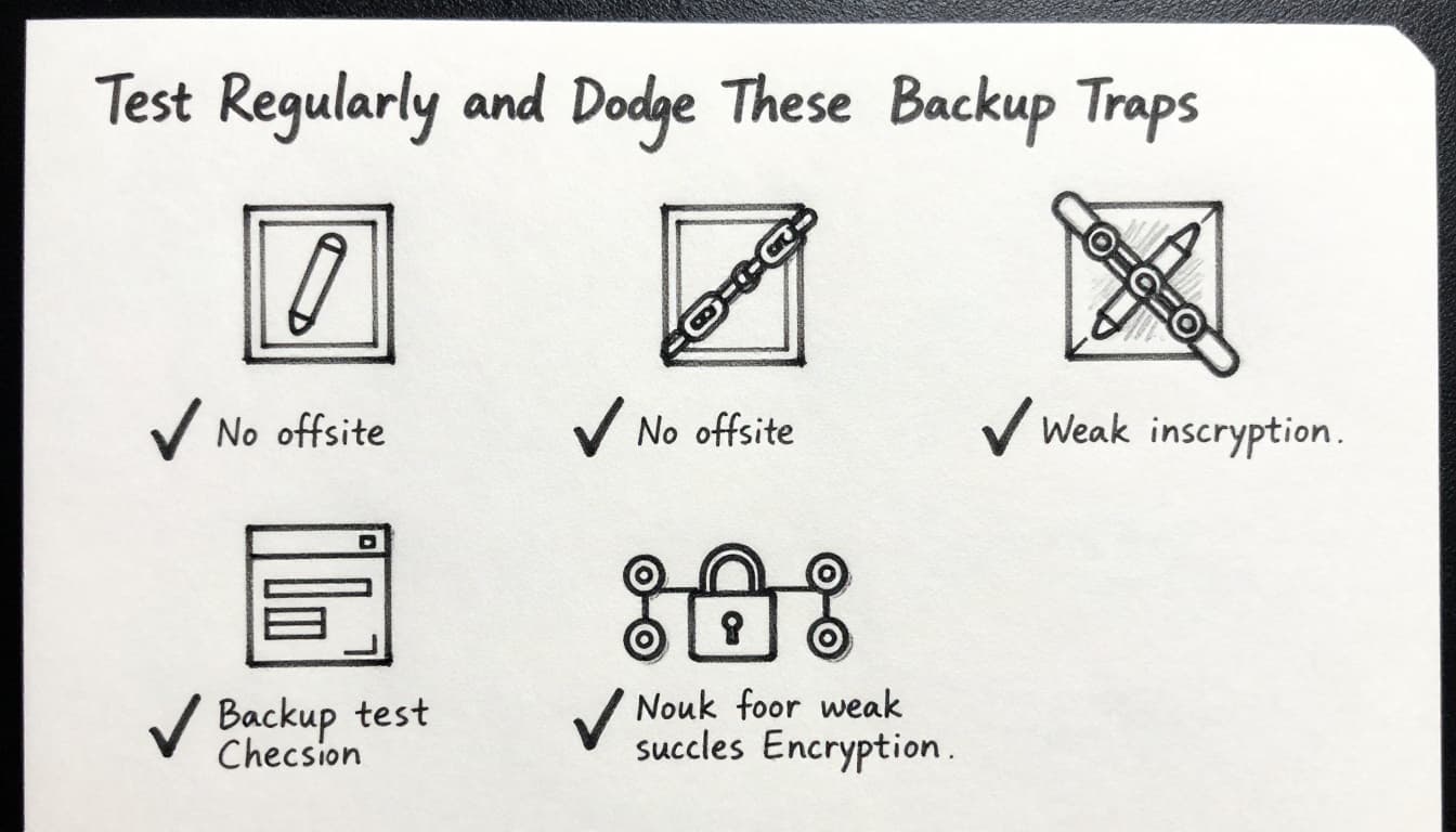 Hand-drawn graphite sketch on white paper showing a notepad-style checklist with checkmarks for backup tests and warning icons for common mistakes like broken chain for no offsite backup and unlocked padlock for weak encryption.