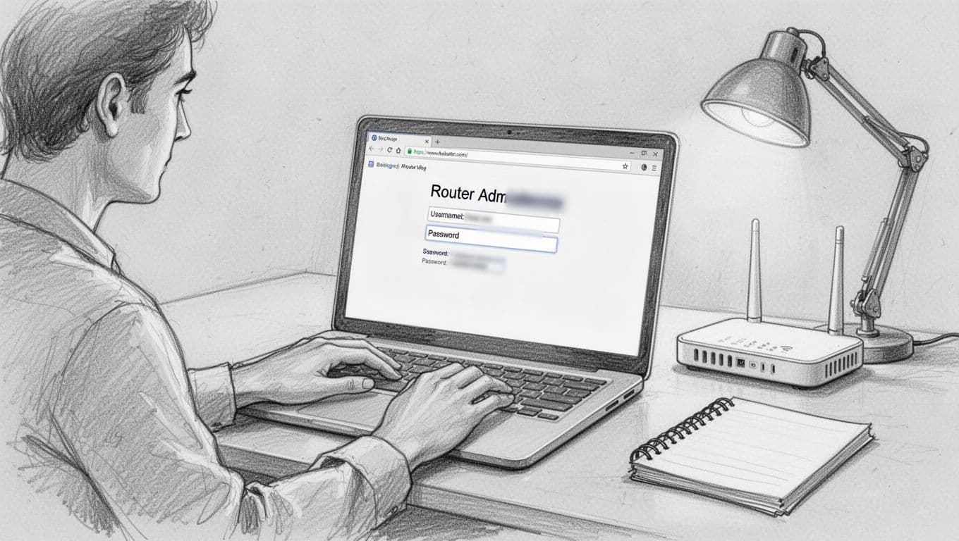 Hand-drawn graphite sketch of one person at a home office desk typing on a laptop with browser open to a blurred router admin login page at an IP address, Wi-Fi router nearby, desk lamp and notebook, light shading on very light gray background, landscape composition.