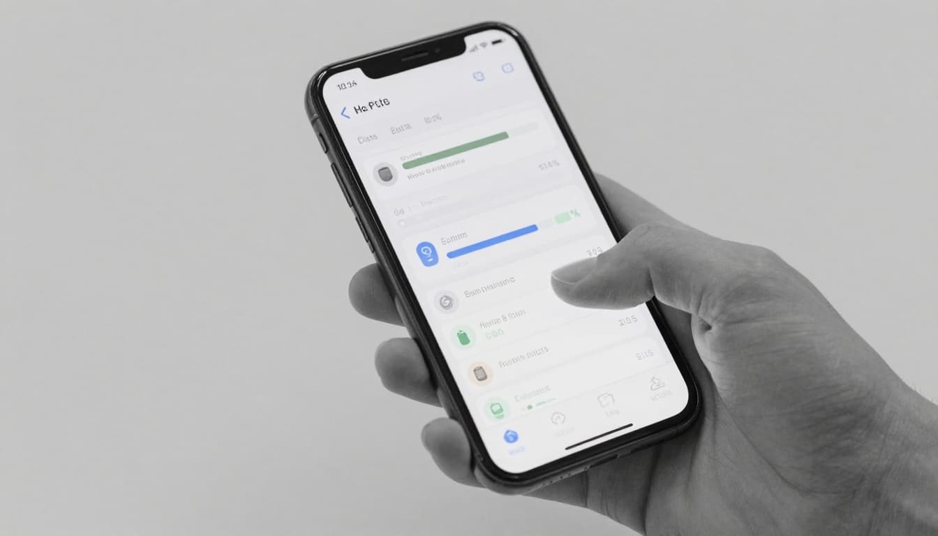 Close-up hand-drawn sketch of a relaxed hand holding a smartphone displaying a blurred battery usage interface with app bars and percentages, in monochrome graphite linework on light gray paper.