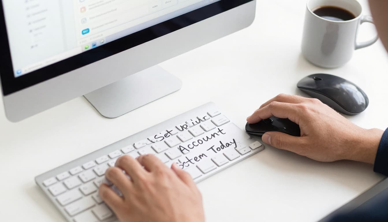 Top-down composition sketch showing hands relaxed on keyboard and mouse before a blurred computer settings screen, coffee mug nearby, illustrating safe account management.