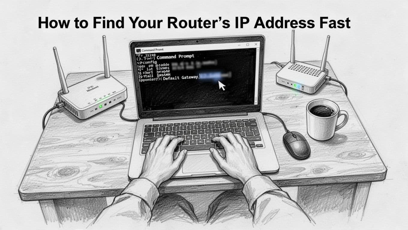 Hand-drawn top-down sketch of a person sitting at a wooden desk using a Windows laptop with Command Prompt showing ipconfig output, cursor near blurred Default Gateway, Wi-Fi router and coffee mug on desk.