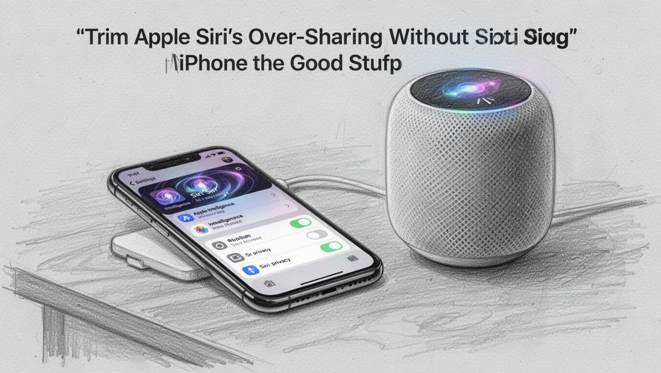 Hand-drawn graphite sketch of an iPhone on a wooden desk displaying iOS Settings app open to Siri privacy section with toggles, next to a HomePod speaker showing mute indicator, on light gray paper background.