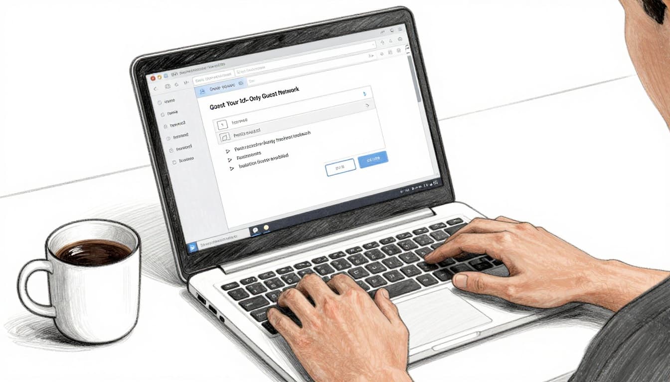Graphite linework sketch on white paper featuring a close-up of a laptop screen showing home router guest network settings menu with options like name, password, and isolation; hands on keyboard, coffee mug on desk.