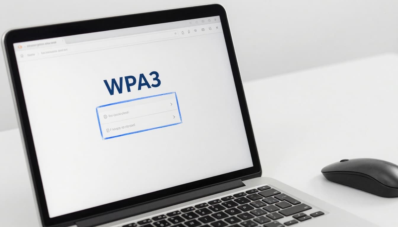 Hand-drawn view of a laptop opening a router wireless security setting, showing how WPA3 is selected in the admin interface.