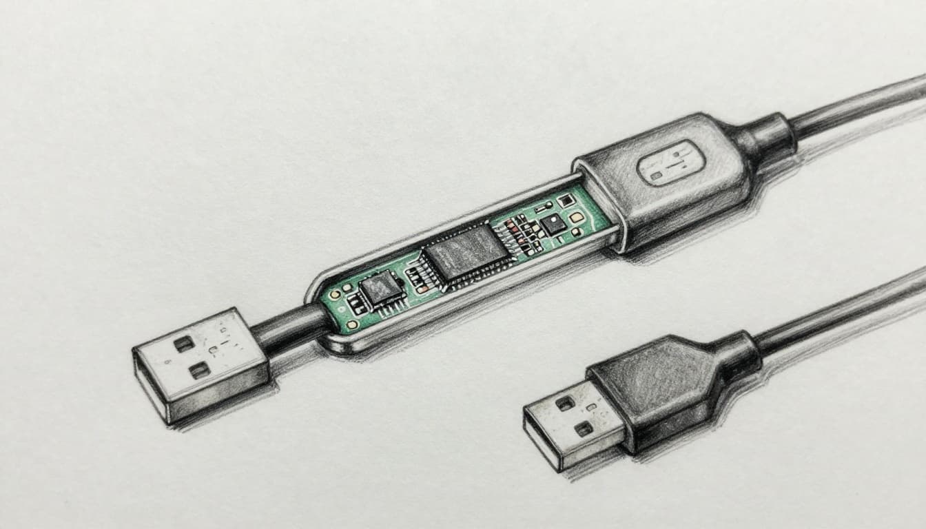 Hand-drawn sketch of a malicious USB charging cable in cutaway view revealing hidden chip and wires for data theft, placed next to a standard USB cable for comparison, graphite linework on light gray background.
