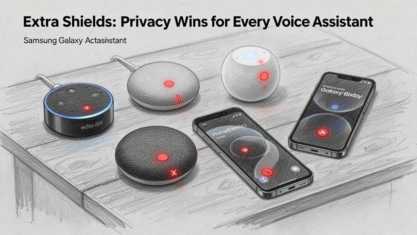 Hand-drawn graphite sketch of Echo Dot, Google Nest Mini, HomePod mini, and Samsung Galaxy with Bixby on a wooden desk, all displaying red microphone mute indicators to illustrate universal privacy protections across voice assistants.
