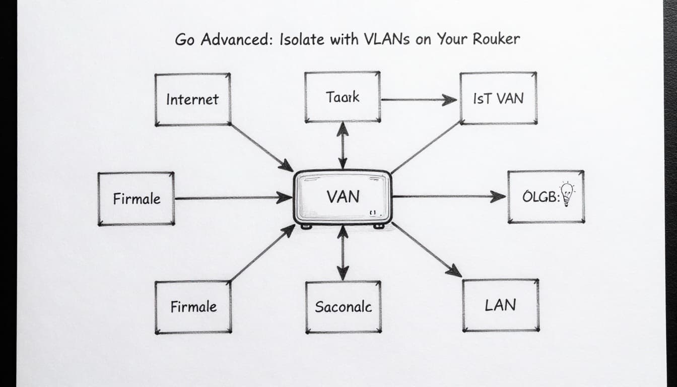 Hand-drawn graphite sketch on white paper showing a simple network diagram: main network connected to internet, firewall blocking arrow to IoT VLAN with bulbs, camera, and thermostat; central router splits traffic.