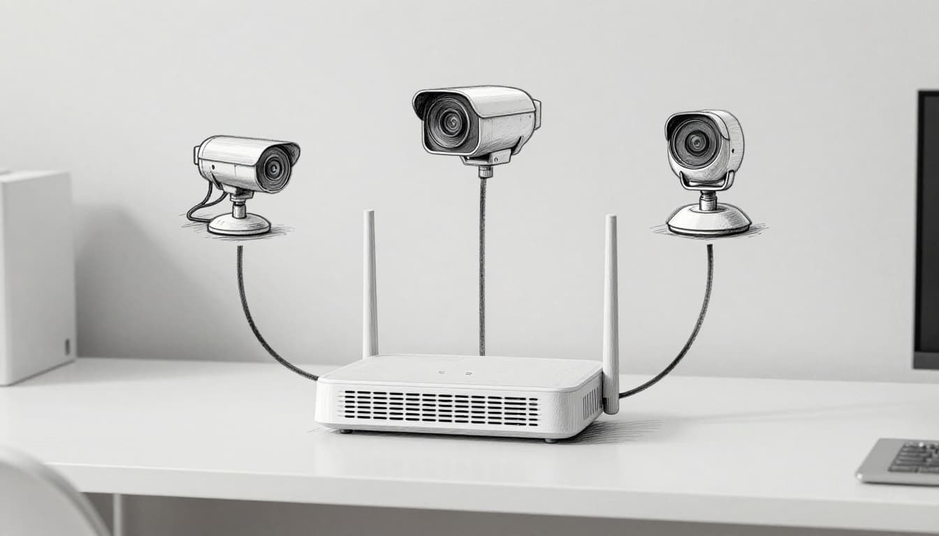 Hand-drawn graphite sketch of a router on a home office desk, with separate network lines branching to three security cameras, isolated from main home devices like TV and phone. Clean composition showing network separation on light gray paper background with light shading.