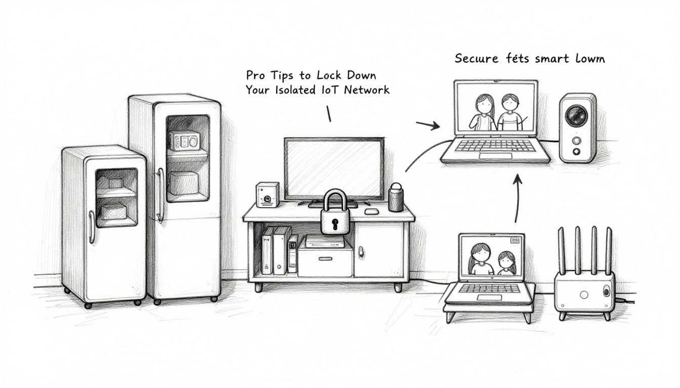 Hand-drawn graphite sketch on white paper showing a secure smart home with a locked padlock over an isolated IoT zone containing speaker, fridge, and camera, separated from the main zone with family laptop, phone, and safe, connected via router.
