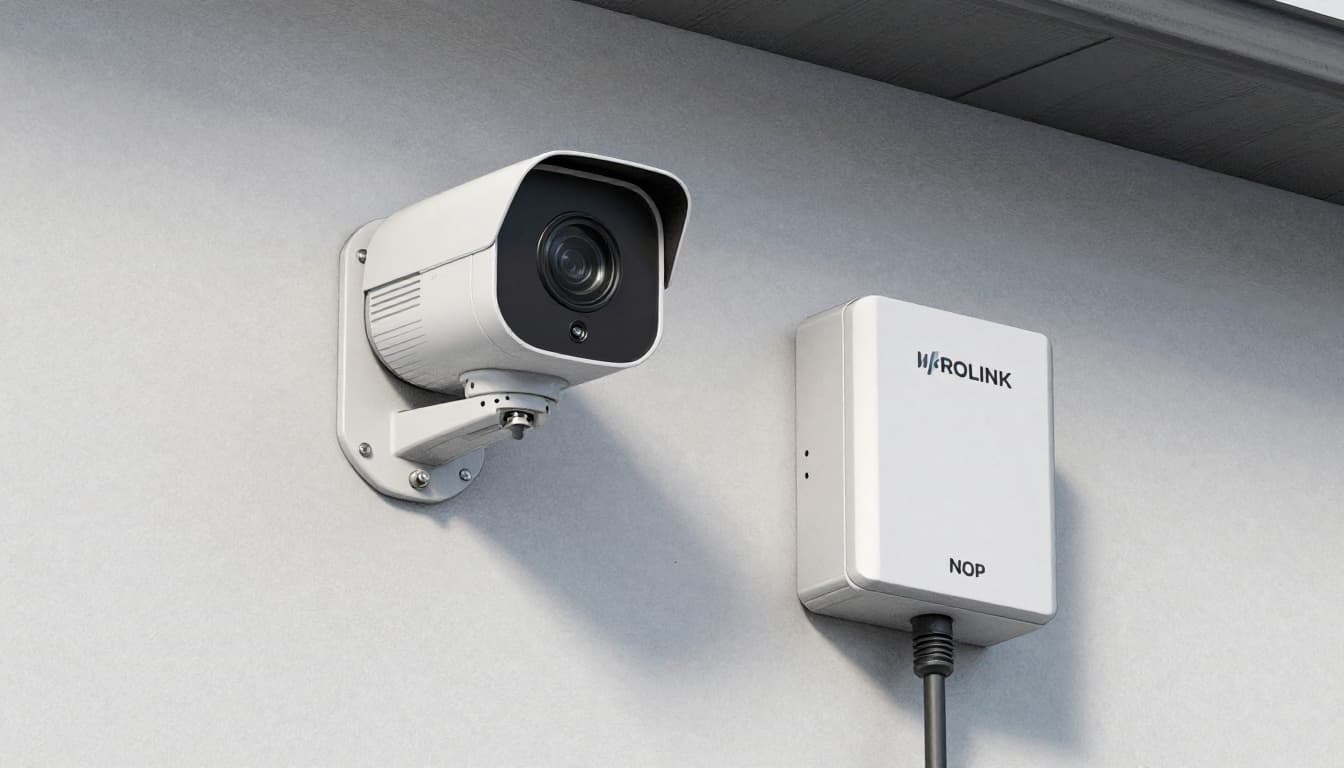 Hand-drawn sketch of a wall-mounted Reolink-style security camera with PoE cable connected to a local NVR box nearby, in an outdoor home exterior at dusk.