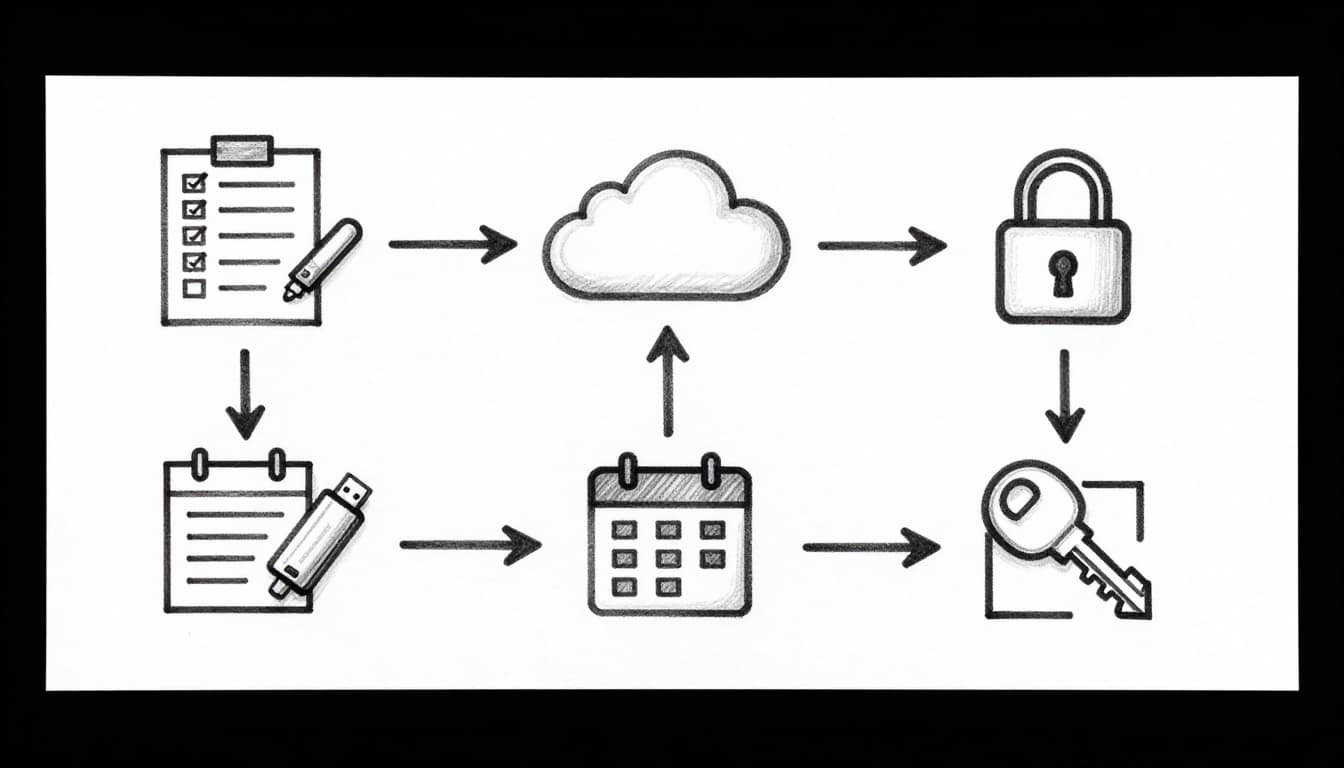 Hand-drawn graphite sketch on white paper showing sequential icons for backup strategy steps: inventory list, USB drive plug-in, cloud upload, immutable lock, calendar schedule, and encryption key in a clean linear flowchart.