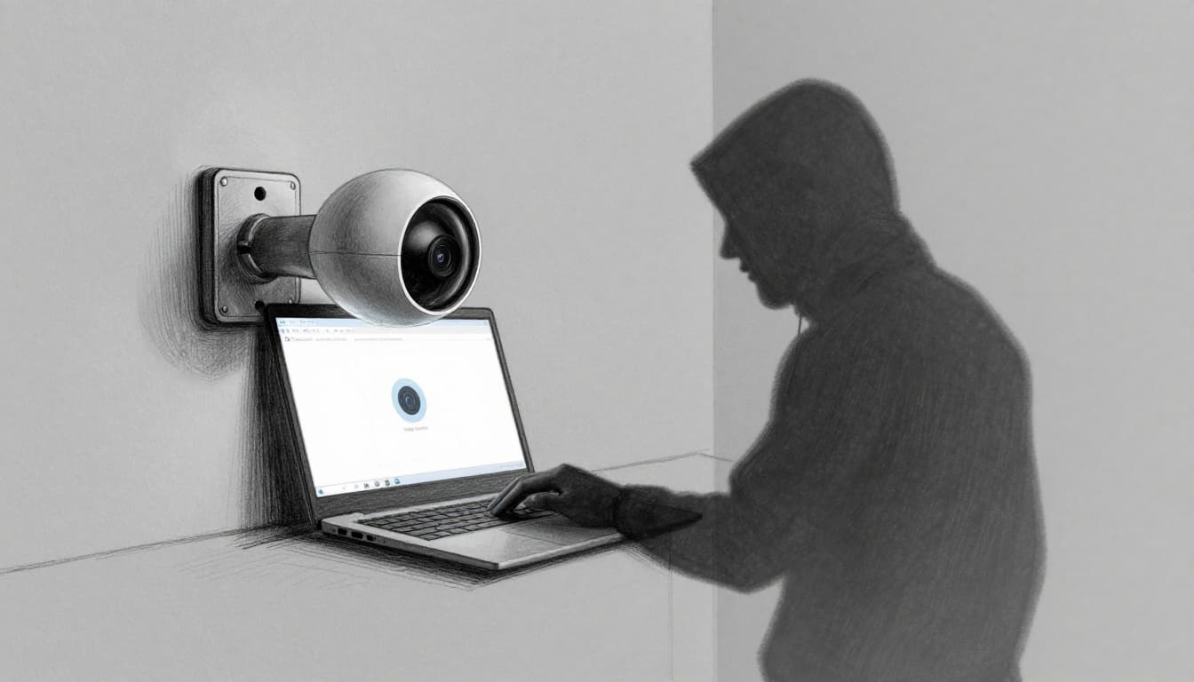 Hand-drawn sketch of a wall-mounted smart home camera vulnerable to remote hacking by a shadowy figure using a nearby laptop in a home interior.
