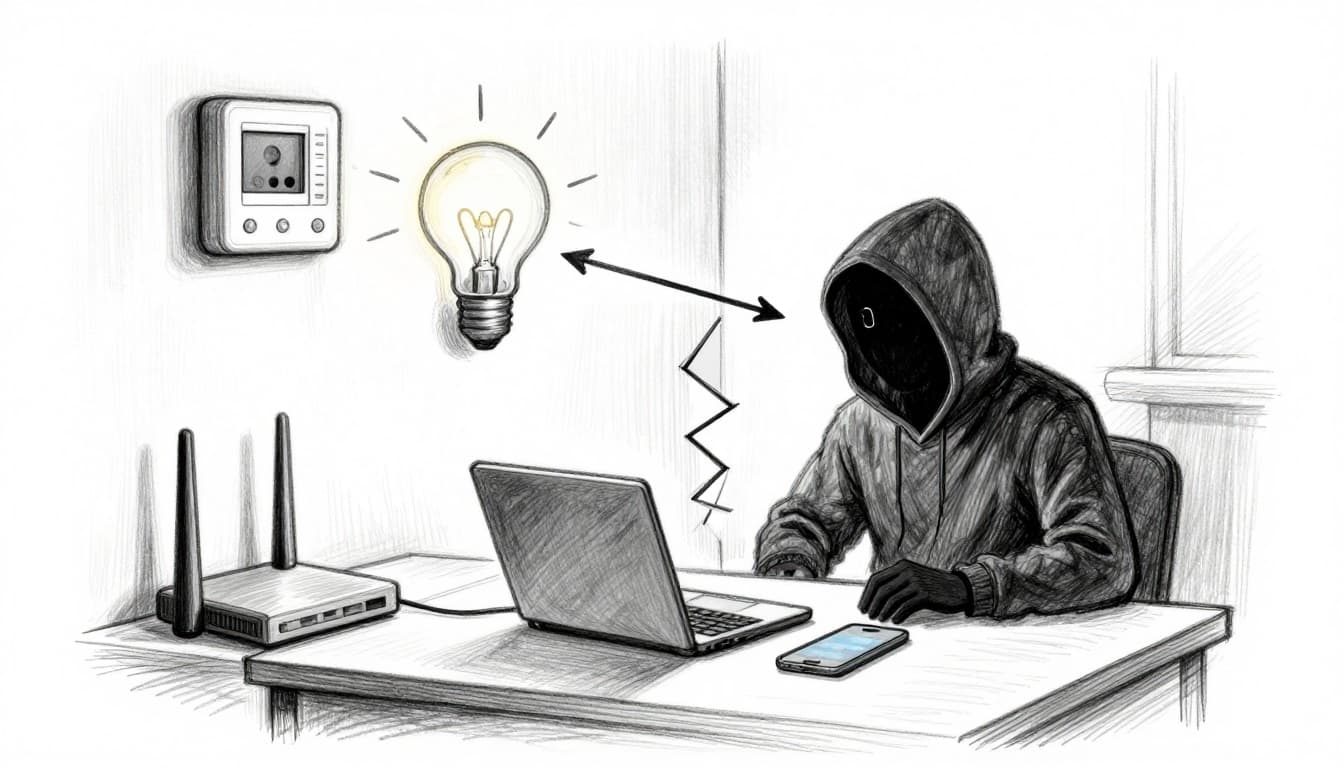 Hand-drawn graphite sketch of a cozy home interior with smart light bulb, thermostat, security camera, and WiFi router; a shadowy hacker breaches via the bulb to access laptop and phone, contrasted by broken barrier versus solid isolation wall.