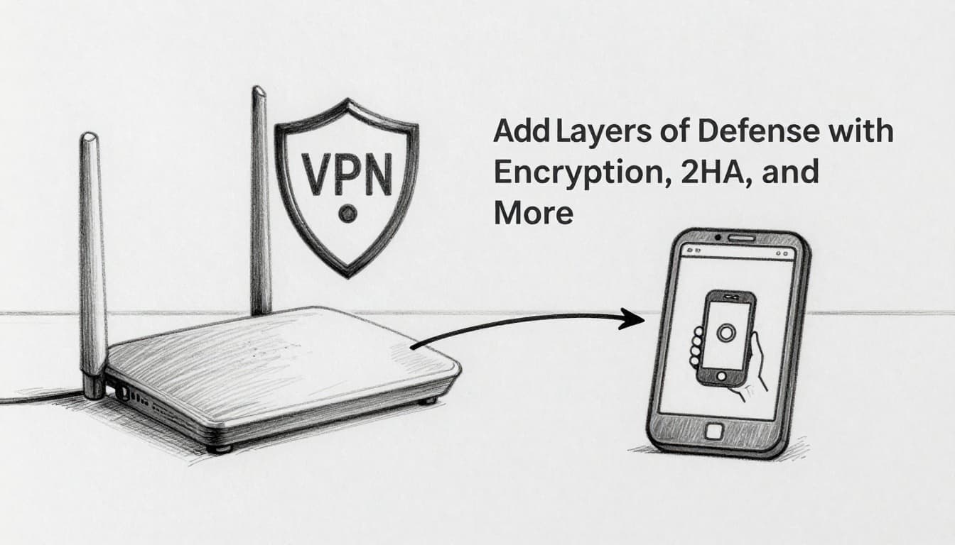 Hand-drawn sketch of a router with VPN shield icon and encrypted connection to a remote phone viewing camera feed safely on a home network table setup, emphasizing protection.
