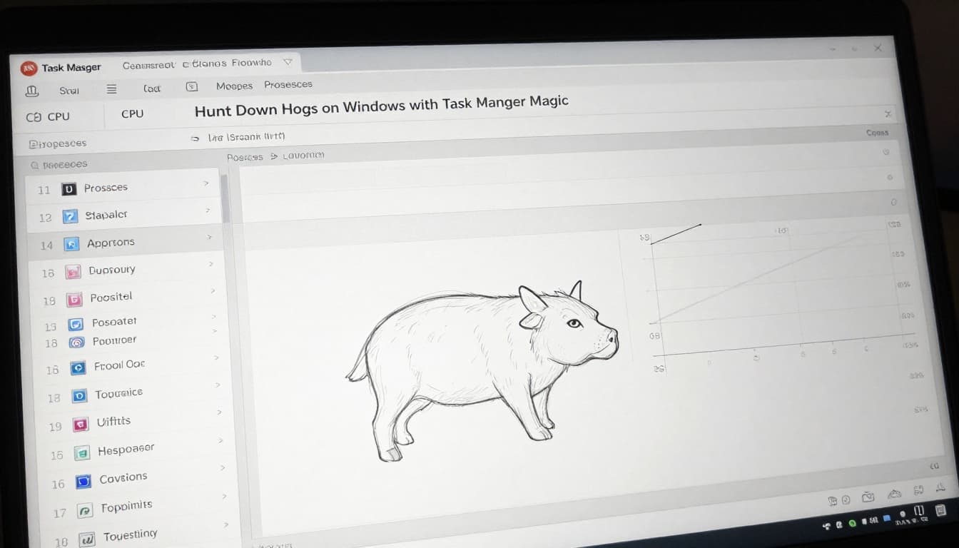 Hand-drawn graphite sketch of a Windows laptop open to Task Manager's Processes tab, sorted by high CPU and memory usage, on a simple desk setup with blurred screen content and light shading on gray paper.
